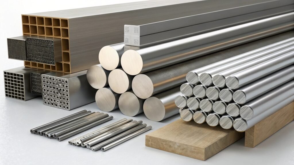 alt with keywords: various aluminum alloy products showcasing different applications - e.g., structural beam, machined part, beverage can